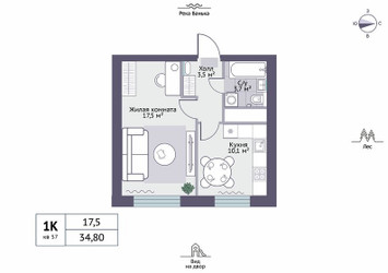Планировка однокомнатной(квартира) площадью 34.8 квадратных метров в ЖК “ЖК Новое Замитино (ЗаМитино)”