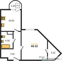 Планировка однокомнатной(квартира) площадью 43.12 квадратных метров в “ЖК Дом‐Мегалит в Королёве”