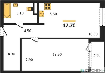 Планировка однокомнатной(квартира) площадью 47.7 квадратных метров в ЖК “ЖК Дом на Зорге”