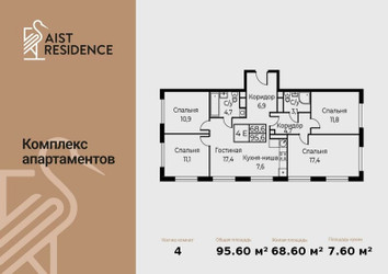 Планировка 4+ комнатной(апартаменты) площадью 95.6 квадратных метров в ЖК “ЖК Апарт-комплекс AIST RESIDENCE (Аист Резиденс)”