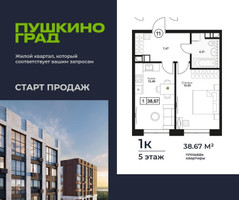 Планировка однокомнатной(квартира) площадью 38.67 квадратных метров в “ЖК Пушкино Град”