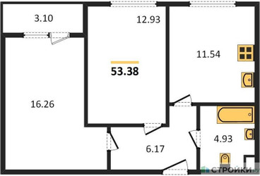 Планировка двухкомнатной(квартира) площадью 53.38 квадратных метров в ЖК “Жилые кварталы Новое Пушкино”