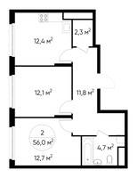 Планировка двухкомнатной(квартира) площадью 56 квадратных метров в “ЖК Переделкино Ближнее”