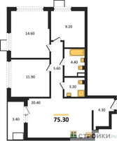 Планировка трехкомнатной(квартира) площадью 75.3 квадратных метров в “ЖК Деснаречье”