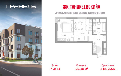 Планировка двухкомнатной(квартира) площадью 33.48 квадратных метров в ЖК “ЖК Аникеевский”