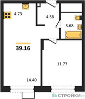 Планировка однокомнатной(квартира) площадью 39.1 квадратных метров в “ЖК Новоград Павлино”