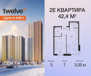 Планировка двухкомнатной(квартира) площадью 42.4 квадратных метров в ЖК “ЖК Twelve (Твелв)”