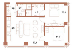Планировка двухкомнатной(квартира) площадью 61.6 квадратных метров в “ЖК Симфония 34”