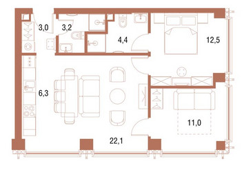 Планировка двухкомнатной(квартира) площадью 61.6 квадратных метров в ЖК “ЖК Симфония 34”