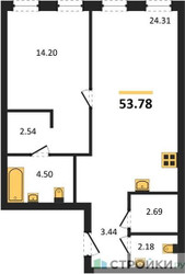 Планировка однокомнатной(апартаменты) площадью 53.78 квадратных метров в ЖК “ЖК Insider (Инсайдер)”