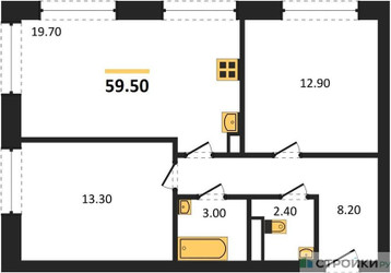 Планировка двухкомнатной(квартира) площадью 59.5 квадратных метров в ЖК “ЖК Обручева 30”