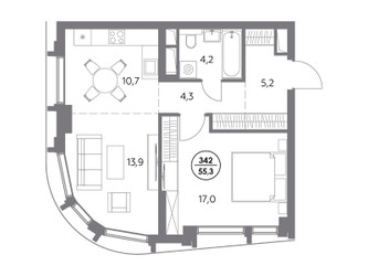 Планировка однокомнатной(квартира) площадью 55.3 квадратных метров в ЖК “ЖК Дом 56”
