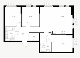 Планировка трехкомнатной(квартира) площадью 80.7 квадратных метров в “ЖК Кузьминский лес”