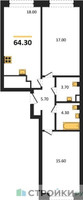 Планировка двухкомнатной(квартира) площадью 64.3 квадратных метров в “ЖК Обручева 30”