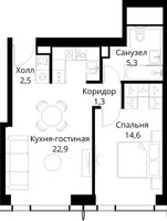 Планировка однокомнатной(квартира) площадью 46.6 квадратных метров в “ЖК Сити Бэй”