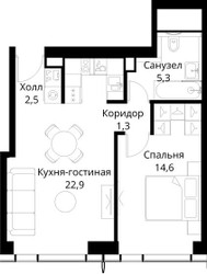 Планировка однокомнатной(квартира) площадью 46.6 квадратных метров в ЖК “ЖК Сити Бэй”