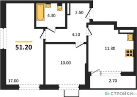 Планировка двухкомнатной(квартира) площадью 51.2 квадратных метров в “ЖК Прокшино”