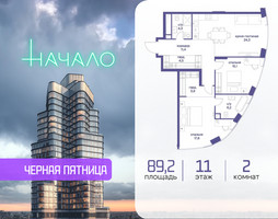 Планировка двухкомнатной(квартира) площадью 89.2 квадратных метров в “ЖК Начало”