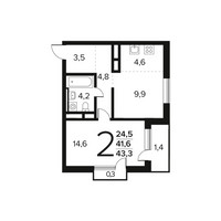 Планировка двухкомнатной(квартира) площадью 43.3 квадратных метров в “Новые Ватутинки. Заречный”