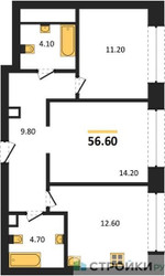 Планировка двухкомнатной(квартира) площадью 56.6 квадратных метров в ЖК “ЖК Архитектурный проект RAKURS (Ракурс)”