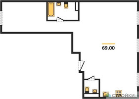 Планировка трехкомнатной(квартира) площадью 69 квадратных метров в “ЖК ЭкоБунино (Южное Бунино)”