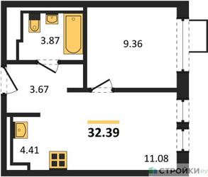 Планировка однокомнатной(квартира) площадью 32.39 квадратных метров в ЖК “ЖК Квартал Ивакино”