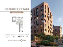 Планировка трехкомнатной(квартира) площадью 75.7 квадратных метров в “ЖК Станиславский”