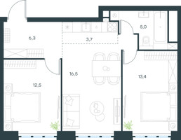 Планировка трехкомнатной(квартира) площадью 57.4 квадратных метров в “ЖК Левел Южнопортовая”