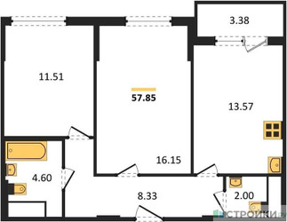 Планировка двухкомнатной(квартира) площадью 57.85 квадратных метров в ЖК “ЖК Светлый мир БиоПолис”