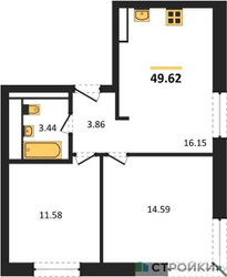 Планировка двухкомнатной(квартира) площадью 49.4 квадратных метров в ЖК “ЖК Clementine (Клементин)”