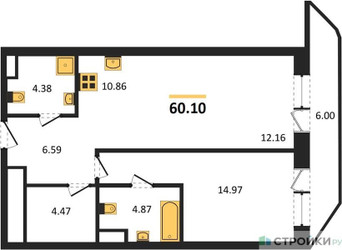 Планировка однокомнатной(квартира) площадью 60.1 квадратных метров в ЖК “Квартал Foriver”