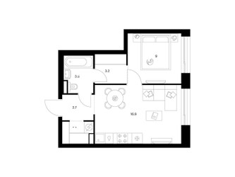 Планировка однокомнатной(квартира) площадью 37.4 квадратных метров в ЖК “ЖК Зеленый парк”