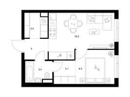 Планировка однокомнатной(квартира) площадью 37.6 квадратных метров в “Бунинская набережная”
