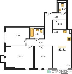 Планировка трехкомнатной(квартира) площадью 82.52 квадратных метров в ЖК “ЖК Остафьево”