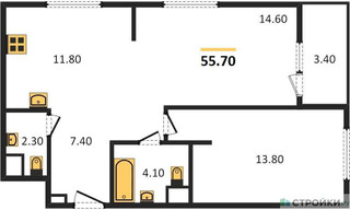 Планировка однокомнатной(квартира) площадью 55.7 квадратных метров в “ЖК Sydney City (Сидней Сити)”