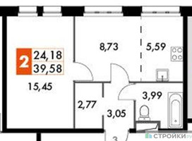 Планировка однокомнатной(апартаменты) площадью 39.58 квадратных метров в “ЖК Движение. Говорово”