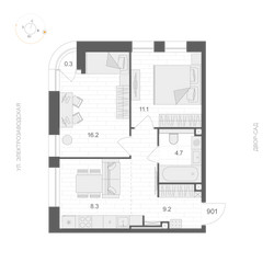 Планировка двухкомнатной(апартаменты) площадью 49.6 квадратных метров в ЖК “ЖК ARTEL (Артель)”