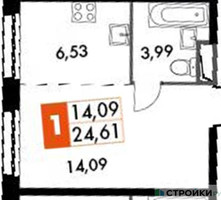 Планировка студии(апартаменты) площадью 24.61 квадратных метров в “ЖК Движение. Говорово”