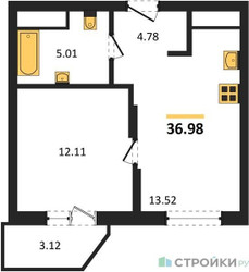 Планировка однокомнатной(квартира) площадью 36.98 квадратных метров в ЖК “ЖК ВОСТОК II”
