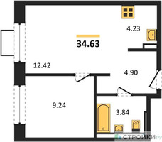 Планировка однокомнатной(квартира) площадью 34.63 квадратных метров в “ЖК Новое Видное”