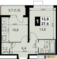 Планировка однокомнатной(квартира) площадью 37.6 квадратных метров в “ЖК ЮЖНАЯ БИТЦА”