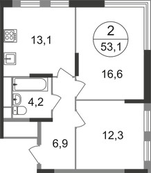 Планировка двухкомнатной(квартира) площадью 53.1 квадратных метров в ЖК “ЖК Переделкино Ближнее”