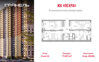 Планировка трехкомнатной(квартира) площадью 71.87 квадратных метров в “ЖК Пехра”