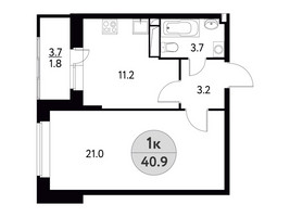 Планировка однокомнатной(квартира) площадью 40.9 квадратных метров в “ЖК Солнечная долина (Щёлково)”
