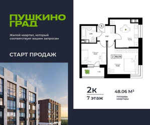 Планировка двухкомнатной(квартира) площадью 48.06 квадратных метров в ЖК “ЖК Пушкино Град”