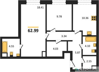 Планировка двухкомнатной(квартира) площадью 62.99 квадратных метров в ЖК “ЖК УЛЬТИМА Сити”