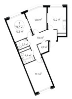 Планировка трехкомнатной(квартира) площадью 78 квадратных метров в “ЖК Переделкино Ближнее”