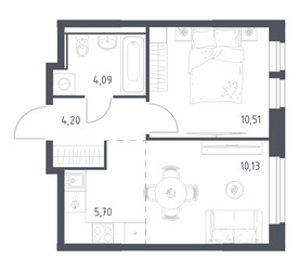 Планировка однокомнатной(квартира) площадью 34.63 квадратных метров в ЖК “ЖК Квартал Ивакино”