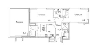 Планировка двухкомнатной(квартира) площадью 74.6 квадратных метров в “ЖК Династия”