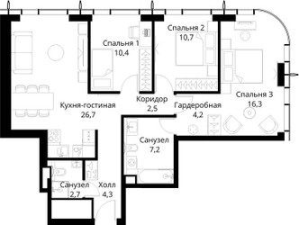 Планировка трехкомнатной(квартира) площадью 85 квадратных метров в ЖК “ЖК Сити Бэй”